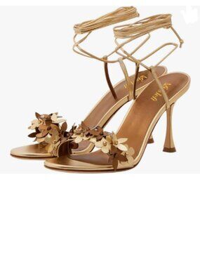 miss left Champagne Flowers Open Round Toe Sandals Lace up Ankle Strap Shoes